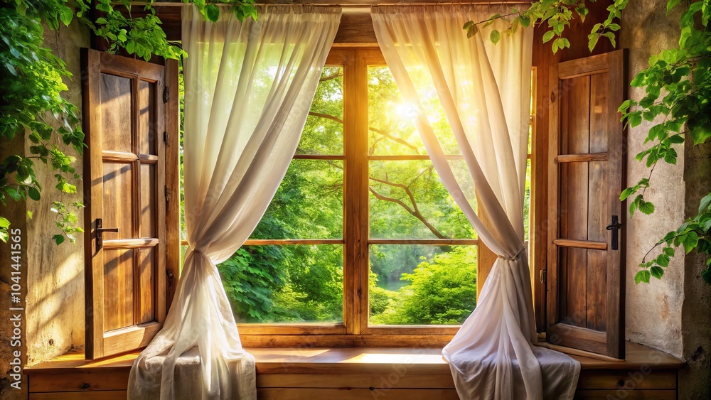 Rustic Wooden Window with White Curtains Framing a Defocused View of Lush Green Trees in Natural Light, Perfect for Cozy Home Decor and Tranquil Nature Scenes Rustic Wooden Window with White Curtains Framing a Defocused View of Lush Green Trees in Natural Light, Perfect for Cozy Home Decor and Tranquil Nature Scenes