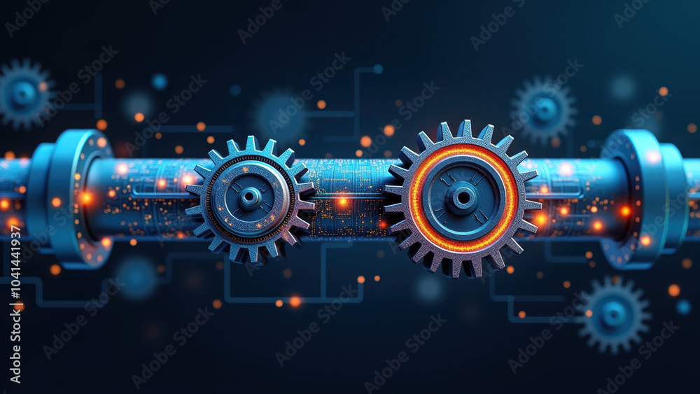 Futuristic abstract illustration of digital gears and circuitry, ideal for representing CI/CD pipelines, DevOps workflows, and automated systems. Futuristic abstract illustration of digital gears and circuitry, ideal for representing CI/CD pipelines, DevOps workflows, and automated systems.