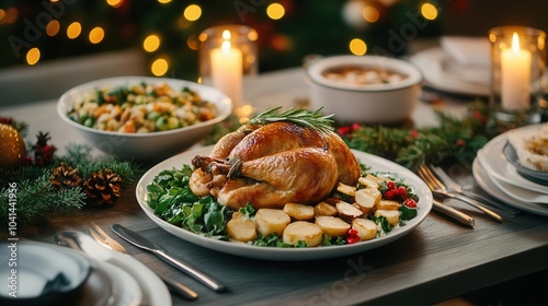 Festive holiday table set with Christmas dinner, candles glowing, and soft watercolor brushstrokes, Christmas Dinner, Holiday Feast