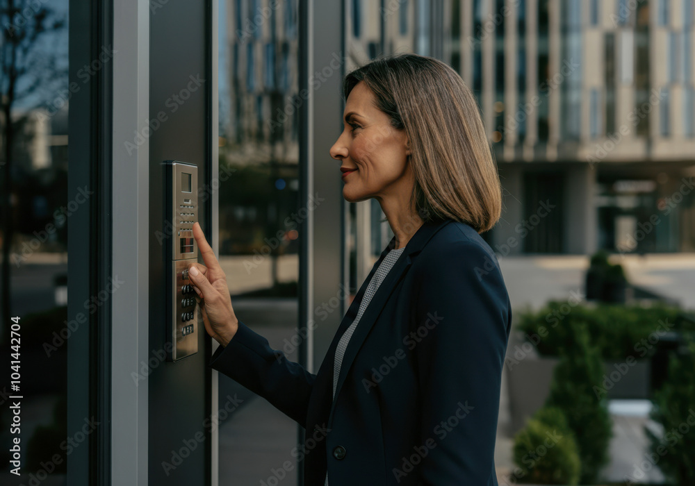 Professional woman in formal attire pressing a buzzer at a modern office building on a sunny day Professional woman in formal attire pressing a buzzer at a modern office building on a sunny day