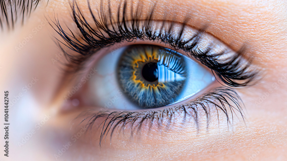 Obraz premium Close up woman eyes. Macro classic volume long eyelash extensions, lamination, correction. Natural beauty or laser vision correction. Skin care, beauty, makeup concept.