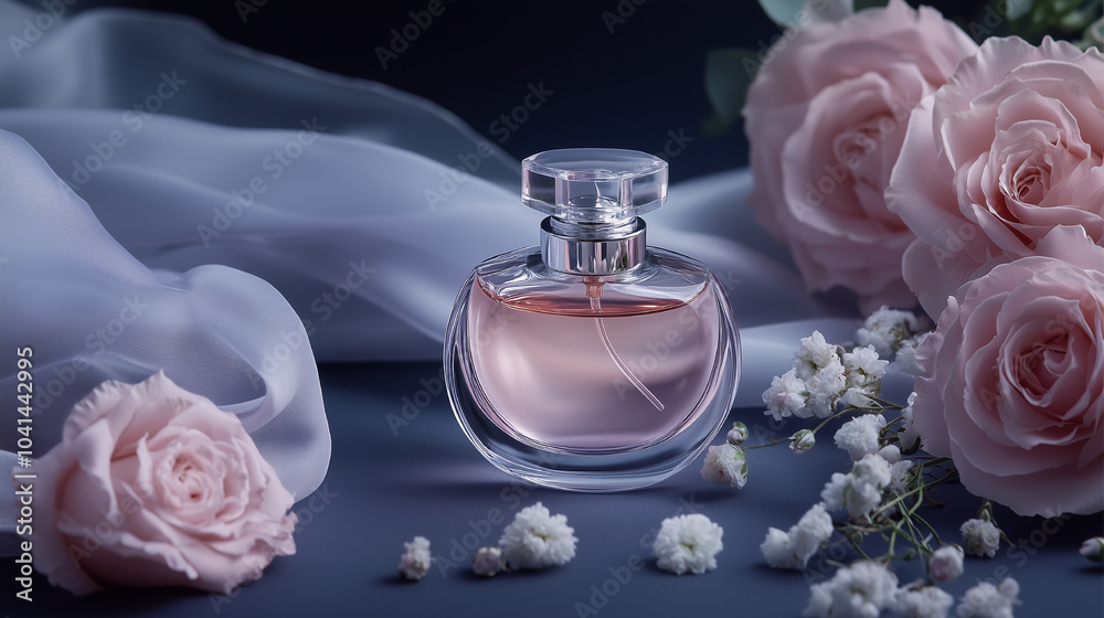 A bottle of perfume is displayed on a table with pink flowers in the background. The bottle is clear and has a gold trim. The flowers are pink A bottle of perfume is displayed on a table with pink flowers in the background. The bottle is clear and has a gold trim. The flowers are pink