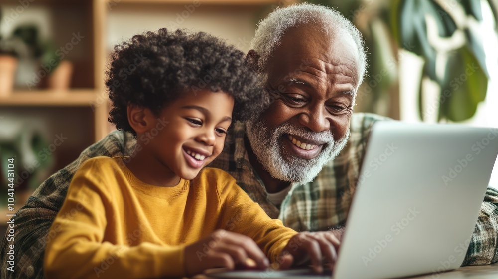 Senior black man helping his grandson to study with laptop, grandfather helping kid with homework. Grandpa is teaching grandson, home education, deep family connections, AI generative image Senior black man helping his grandson to study with laptop, grandfather helping kid with homework. Grandpa is teaching grandson, home education, deep family connections, AI generative image