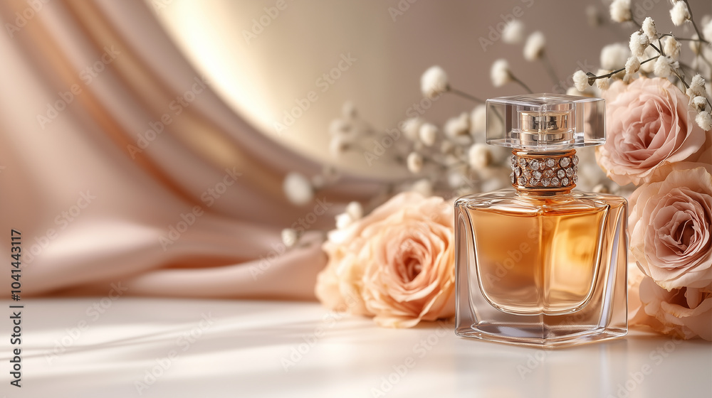 A bottle of perfume is displayed on a table with pink flowers in the background. The bottle is clear and has a gold trim. The flowers are pink A bottle of perfume is displayed on a table with pink flowers in the background. The bottle is clear and has a gold trim. The flowers are pink