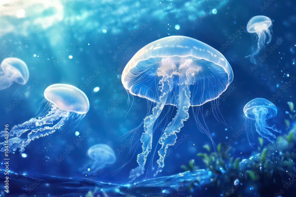 Fototapeta premium Radiant jellyfish gracefully drifting in the ocean.