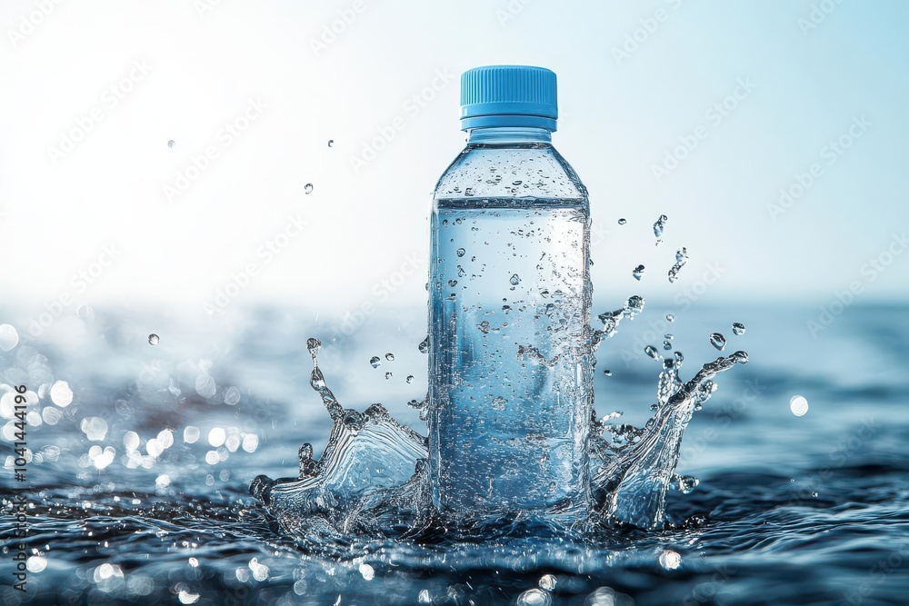 Water bottle with splashes of water, minimal and clean design, bright and hydrating aesthetic Beverages Illustration, Water bottle purity
