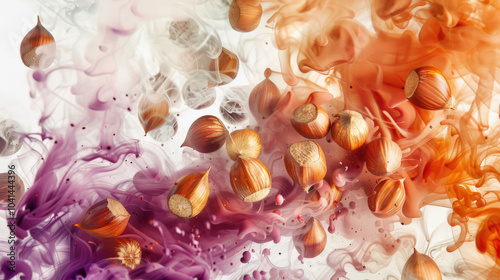 A fresh hazelnut crop floats in clouds of watercolor smoke. Purple-orange stylish thick smoke envelops a handful of hazelnuts in their shells. A natural organic product photo