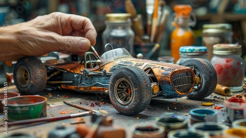 A hand skillfully assembles a vintage race car model amidst a vibrant array of paints and tools, highlighting the art of model making in a creative workshop photo