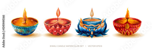 Diya Diwali candle set for festival of light, watercolor painting on white background