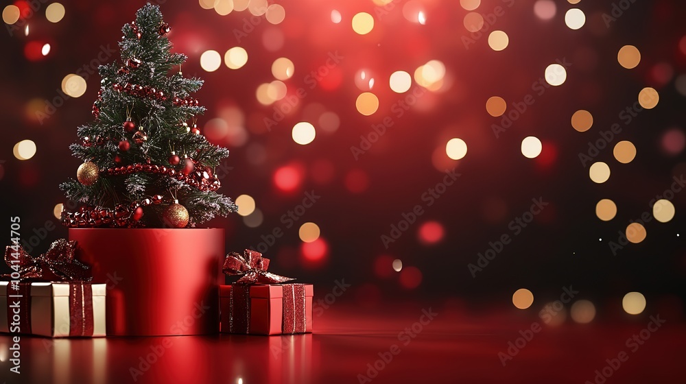 Christmas background with Christmas tree with empty red podium for product
Christmas background with Christmas tree with empty red podium for product