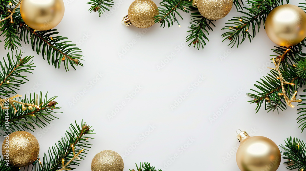 Christmas flat lay background with fir tree branch, present box and golden decorations on white. Christmas, winter holiday, new year concept. Christmas flat lay background with fir tree branch, present box and golden decorations on white. Christmas, winter holiday, new year concept.