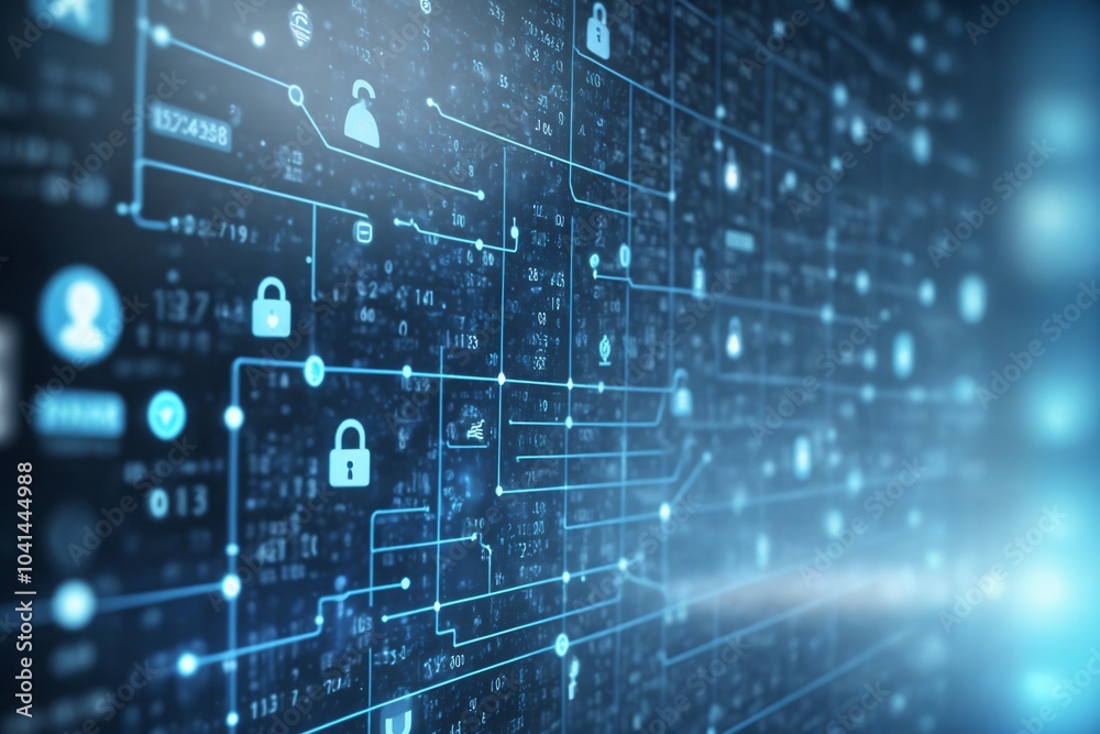 Digital Network Security Abstract Background with Blue Lights and Lock Icons Digital Network Security Abstract Background with Blue Lights and Lock Icons