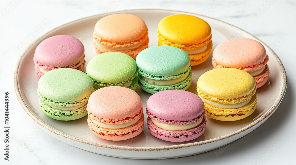 An array of colorful macarons in pastel shades on a plate, top view, copy space, no people An array of colorful macarons in pastel shades on a plate, top view, copy space, no people