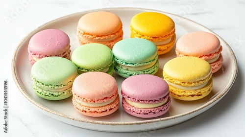 An array of colorful macarons in pastel shades on a plate, top view, copy space, no people