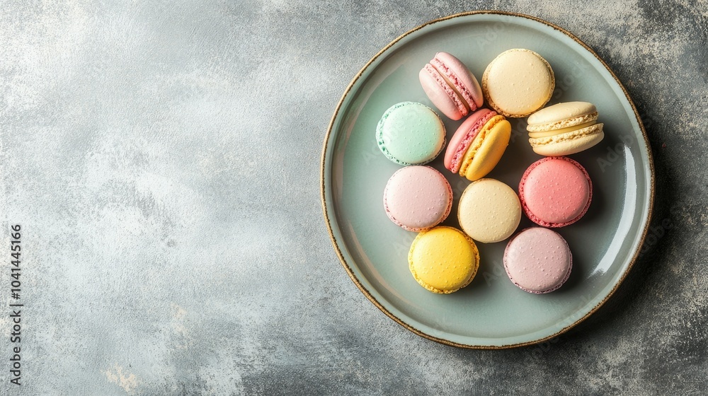 An array of colorful macarons in pastel shades on a plate, top view, copy space, no people An array of colorful macarons in pastel shades on a plate, top view, copy space, no people
