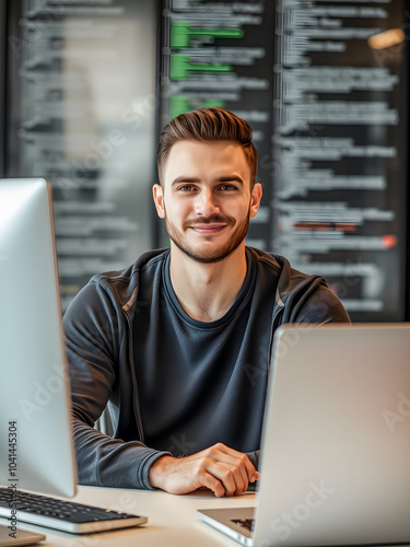 Tech startup programmer digital innovator. Portrait of young guy. Software coding man computer in office at night for deadline. IT, focus and male coder, engineer or person programming. Ai generated