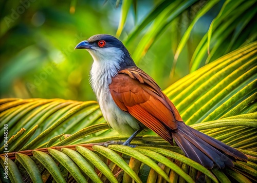 Senegal Coucal Perched on Palm Leaf - Aerial Photography of Exotic Bird in Natural Habitat, Tropical Plants, Wildlife, Nature, Birds, Scenic Views, Vibrant Colors, Wildlife Photography photo