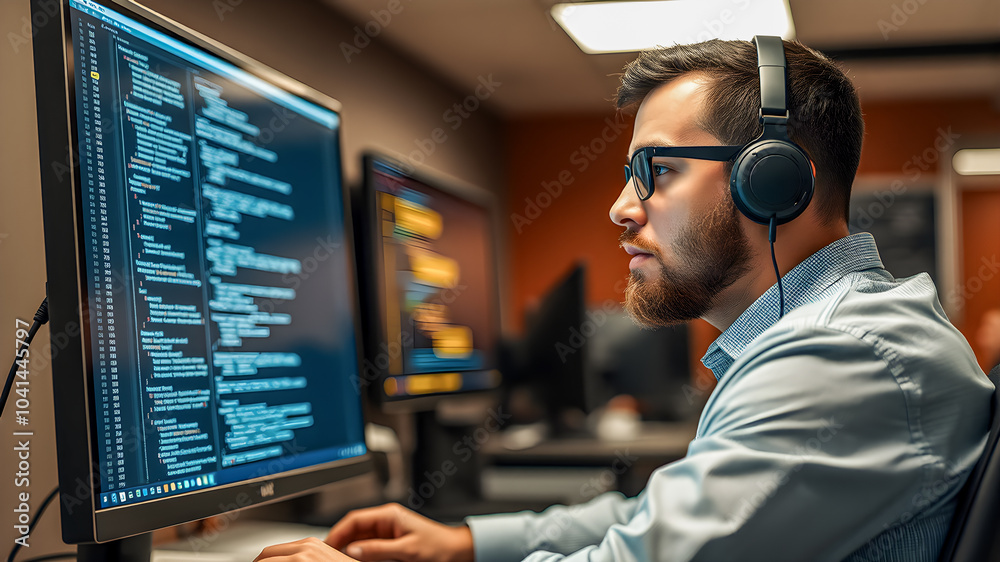 Tech startup programmer digital innovator. Portrait of young guy. Software coding man computer in office at night for deadline. IT, focus and male coder, engineer or person programming. Ai generated Tech startup programmer digital innovator. Portrait of young guy. Software coding man computer in office at night for deadline. IT, focus and male coder, engineer or person programming. Ai generated