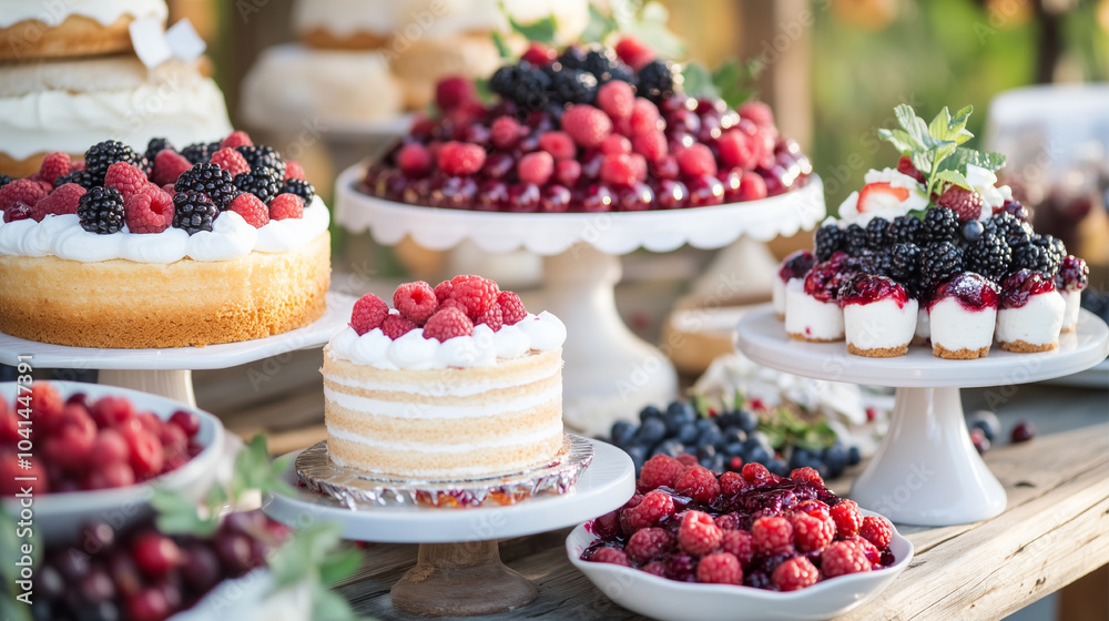 A table is covered with a variety of desserts and fruit, including cakes, pies, and fruit tarts. The desserts are arranged on white plates and platters, and the fruit is displayed on a wooden table A table is covered with a variety of desserts and fruit, including cakes, pies, and fruit tarts. The desserts are arranged on white plates and platters, and the fruit is displayed on a wooden table