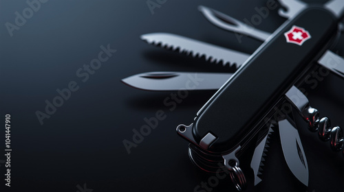A black background with a silver and black multi-tool. The tool is a Swiss Army knife with a serrated edge