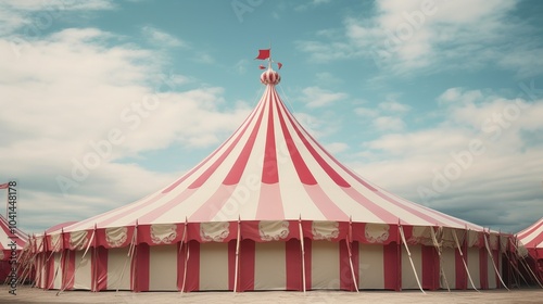 A traditional red and white circus tent under a vast cloudy sky, capturing nostalgic adventure. photo