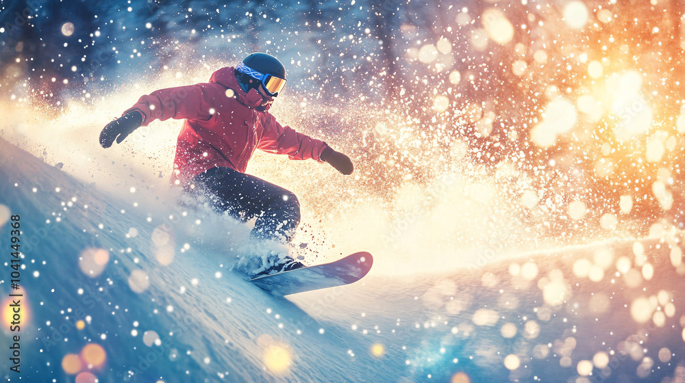Snowboarder Carving Through a Frozen Wave, with Snow Exploding Into Stars and Bright Lights 