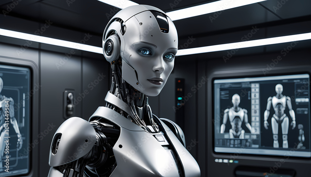 A sleek humanoid AI model, with a matte silver finish, standing in a futuristic control room A sleek humanoid AI model, with a matte silver finish, standing in a futuristic control room