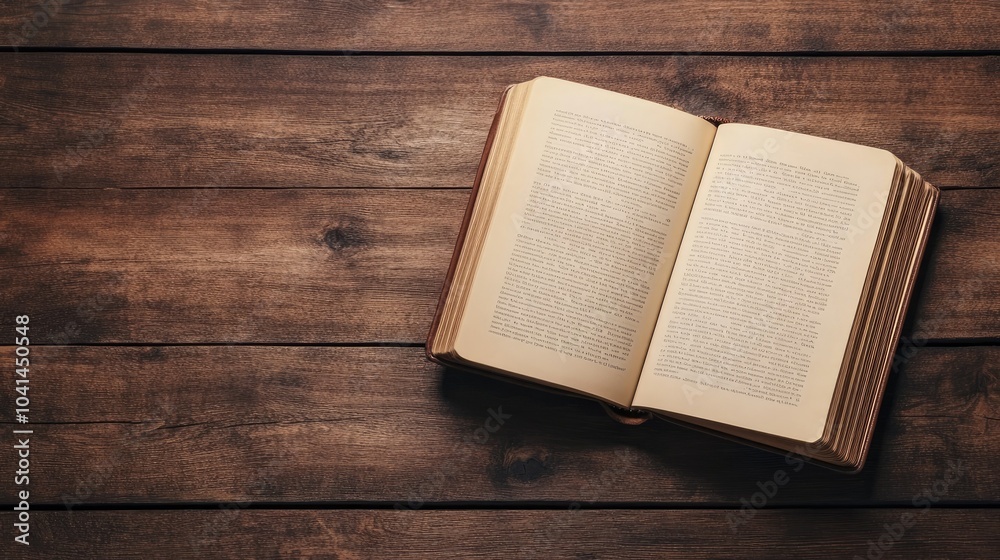 Obraz premium Classic leather-bound journal open on a wooden desk, no people, with space for copy text