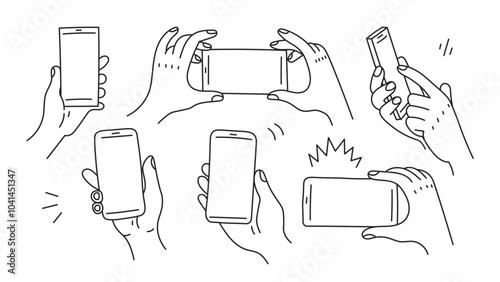 Hand Holding Smartphone Line Set. Outline Finger Gesture with Cellphone collection. Doodle positions using Mobile Phone. Vector illustration