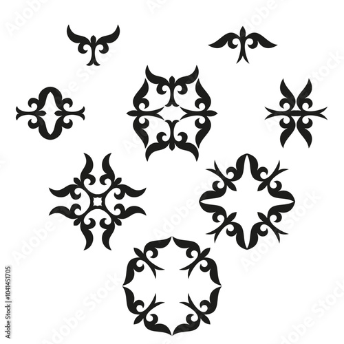 Kazakh ornament Kus kanat (bird's wings) in different variations, Representing freedom and happiness, Vector illustration nomad traditional design element