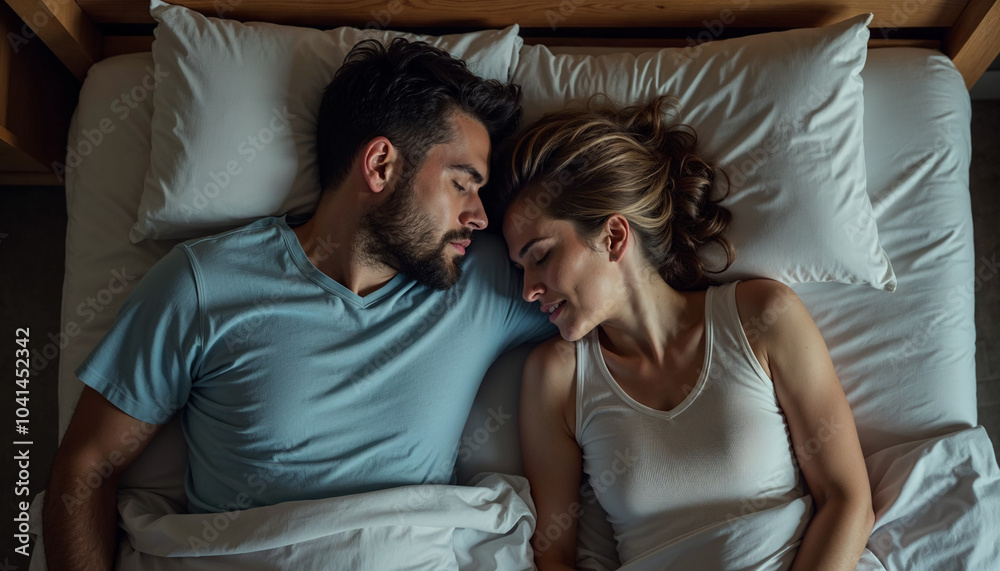 Above view of upset couple sleeping back to back in bedroom, young couple , Above view of upset couple sleeping back to back in bedroom, young couple ,