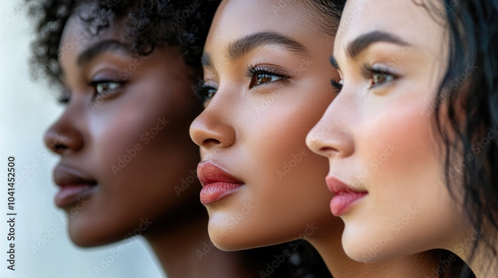 Profile view of three women from diverse backgrounds highlighting natural beauty Profile view of three women from diverse backgrounds highlighting natural beauty