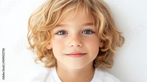 Portrait of an adorable young boy with blonde hair against a clean white backdrop