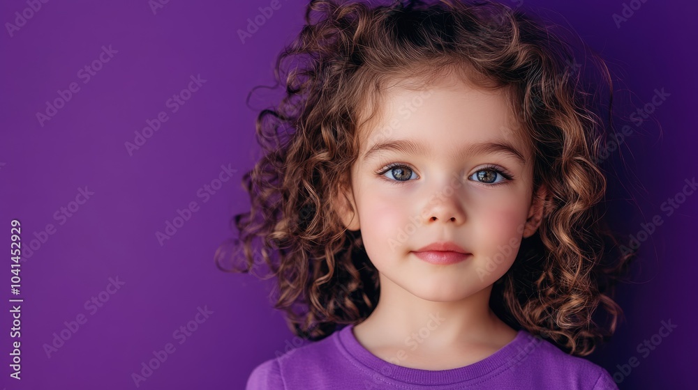 Portrait of a charming young girl with curly hair set against a vibrant purple backdrop Portrait of a charming young girl with curly hair set against a vibrant purple backdrop