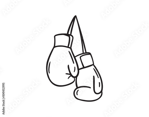Line hand drawn doodle boxing gloves with ribbon. Outline box drawing icon isolated on white background