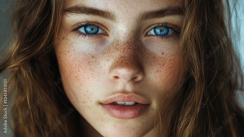 Close up portrait of a young woman with blue eyes freckles and long hair showcasing her natural beauty and calm facial expression Close up portrait of a young woman with blue eyes freckles and long hair showcasing her natural beauty and calm facial expression