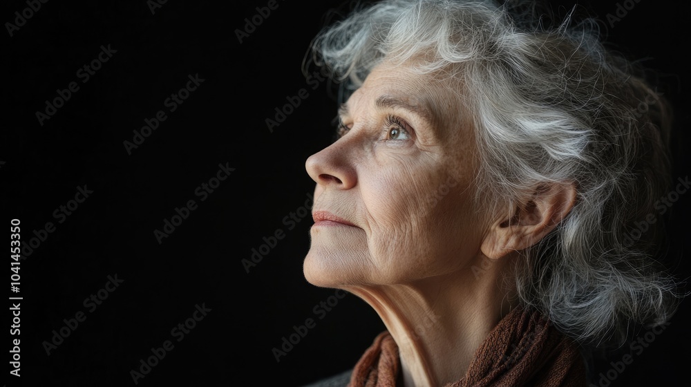Reflective and serious senior woman gazing into the distance contemplating feelings of loneliness aging and sadness Reflective and serious senior woman gazing into the distance contemplating feelings of loneliness aging and sadness