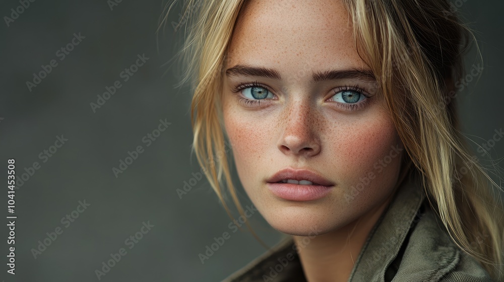 Close up portrait of a young Scandinavian woman with blonde hair and light blue eyes wearing a jacket and gazing at the camera against a grey background Close up portrait of a young Scandinavian woman with blonde hair and light blue eyes wearing a jacket and gazing at the camera against a grey background