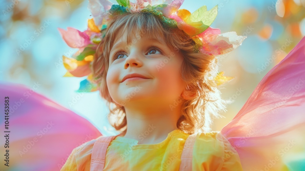 Fototapeta premium Joyful young boy dressed in a colorful fairy tale outfit set against a soft rainbow backdrop