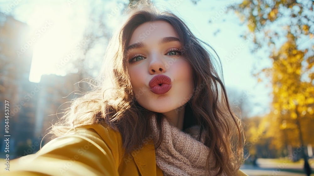 Stylish young woman with full lips blowing a kiss while taking a selfie outdoors Stylish young woman with full lips blowing a kiss while taking a selfie outdoors