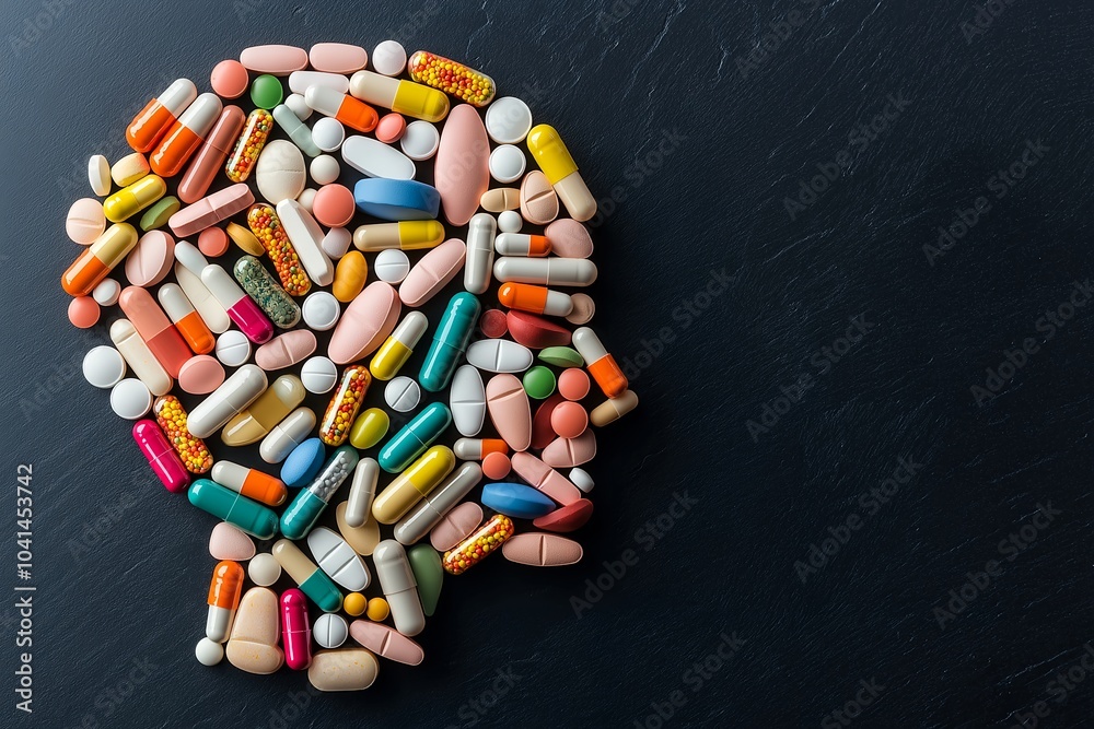 A Detailed Front-facing Silhouette of a Human Head Made Entirely From an Assortment of Colorful Pills, Tablets, and Capsules, Dark and Textured Background Resembling a Chalkboard, Health