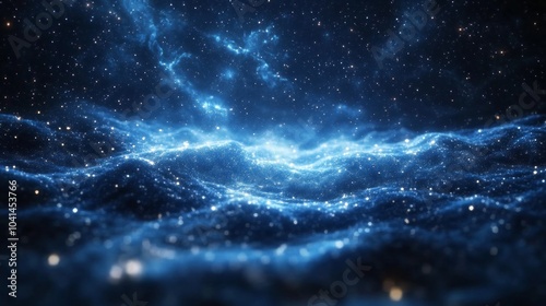 The image is of a blue ocean with a lot of stars in the background