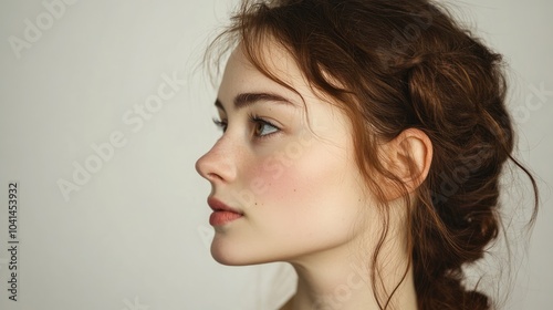 Close up side portrait of a young woman on a white backdrop