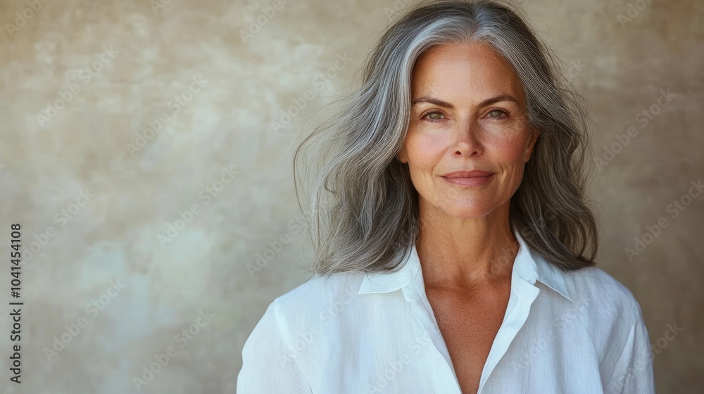 A sixty year old female artist with gray hair and an unbuttoned white shirt radiates experience confidence and warmth complemented by her benevolent gaze set against a neutral background A sixty year old female artist with gray hair and an unbuttoned white shirt radiates experience confidence and warmth complemented by her benevolent gaze set against a neutral background