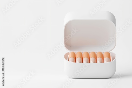 A Medical Pillbox With Daily Compartments Open, Pills Displayed on a Plain White Background, Health