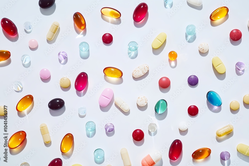 custom made wallpaper toronto digitalA Variety of Colorful Pills and Capsules Scattered on a Clean White Background, Health