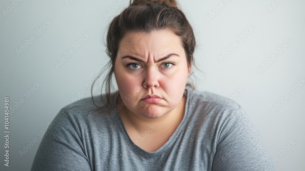 Obese woman with an angry expression gazing directly at the camera against a plain white backdrop Obese woman with an angry expression gazing directly at the camera against a plain white backdrop