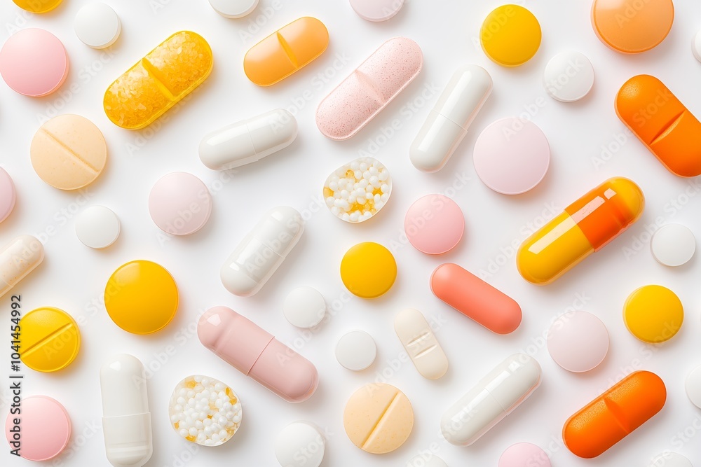A Variety of Colorful Pills and Capsules Scattered on a Clean White Background, Health A Variety of Colorful Pills and Capsules Scattered on a Clean White Background, Health