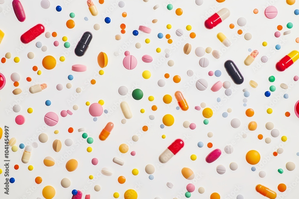 A Variety of Colorful Pills and Capsules Scattered on a Clean White Background, Health A Variety of Colorful Pills and Capsules Scattered on a Clean White Background, Health