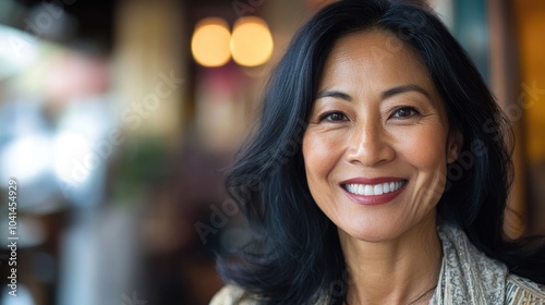 Free Download Portrait of a cheerful middle aged Asian woman with a radiant smile - GFXLoad